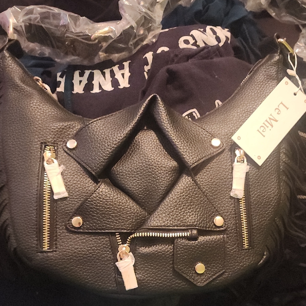 Black Leather Jacket With Fringe Women's Bag